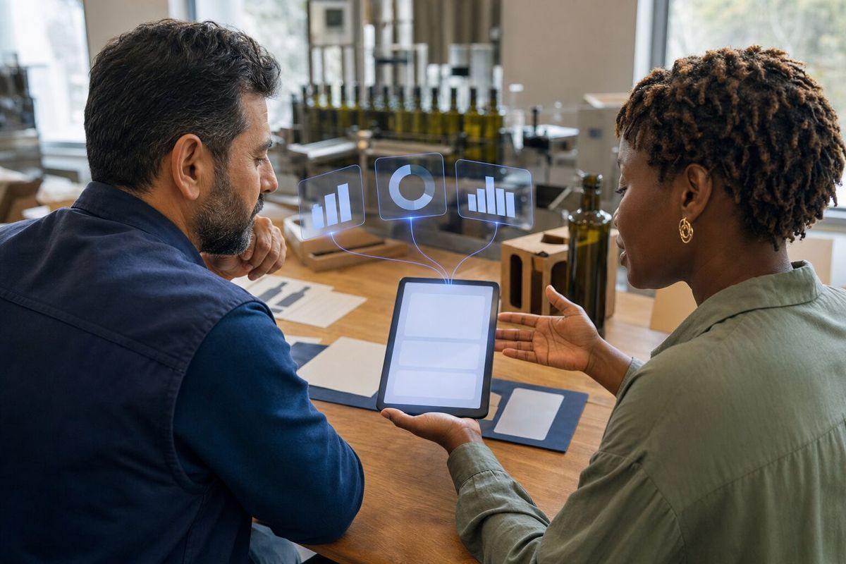 Illustrative photo: the AI One Pricing Manager at work for the owner and sales manager of a family-run olive-oil producer, laying out results as blue panels above a tablet.