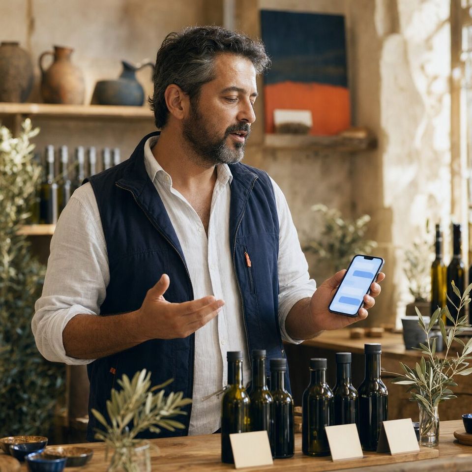 Illustrative photo: the owner of a family-run olive-oil producer asks the AI One Pricing Manager for help from their phone.
