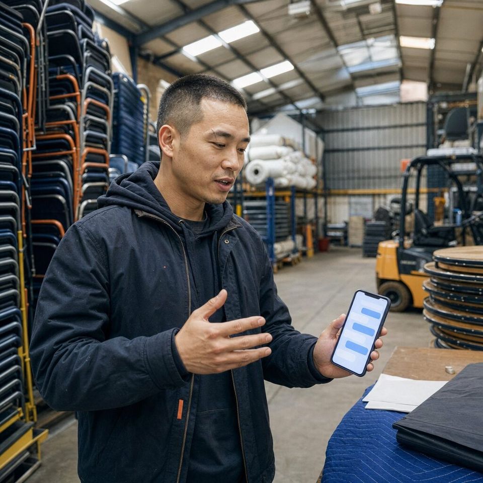 Illustrative photo: the founder of an events-hire company planning a customer booking portal asks the New-Project Intake for help from their phone.