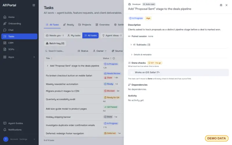 A task opened in the Tasks app, showing its description, subtasks, done checks, dependencies and activity (demo data)