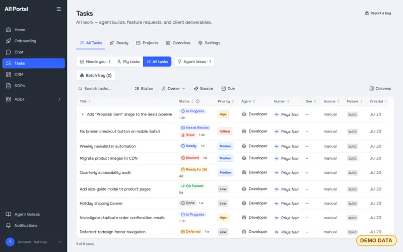 The Tasks app the Project Manager works in, listing sample build requests with their status, priority, assigned agent and owner (demo data)