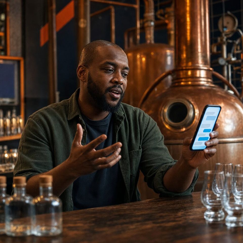 Illustrative photo: the owner of a small craft distillery asks the Public Speaking Coach for help from their phone.