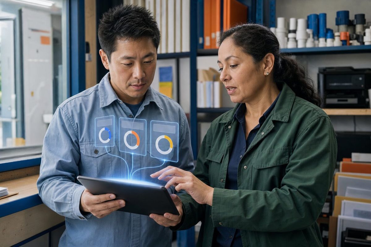 Illustrative photo: the QuickBooks Expert at work for the owner and office manager of a small landscape-irrigation contractor, laying out results as blue panels above a tablet.