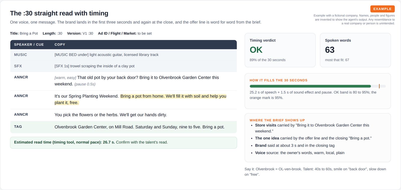 A two-column radio script for a 30-second straight read with music and sound effect cues, an estimated read time of 26.7 seconds, an OK timing tile, a 63-word count and a fill bar at 89 percent of the spot.