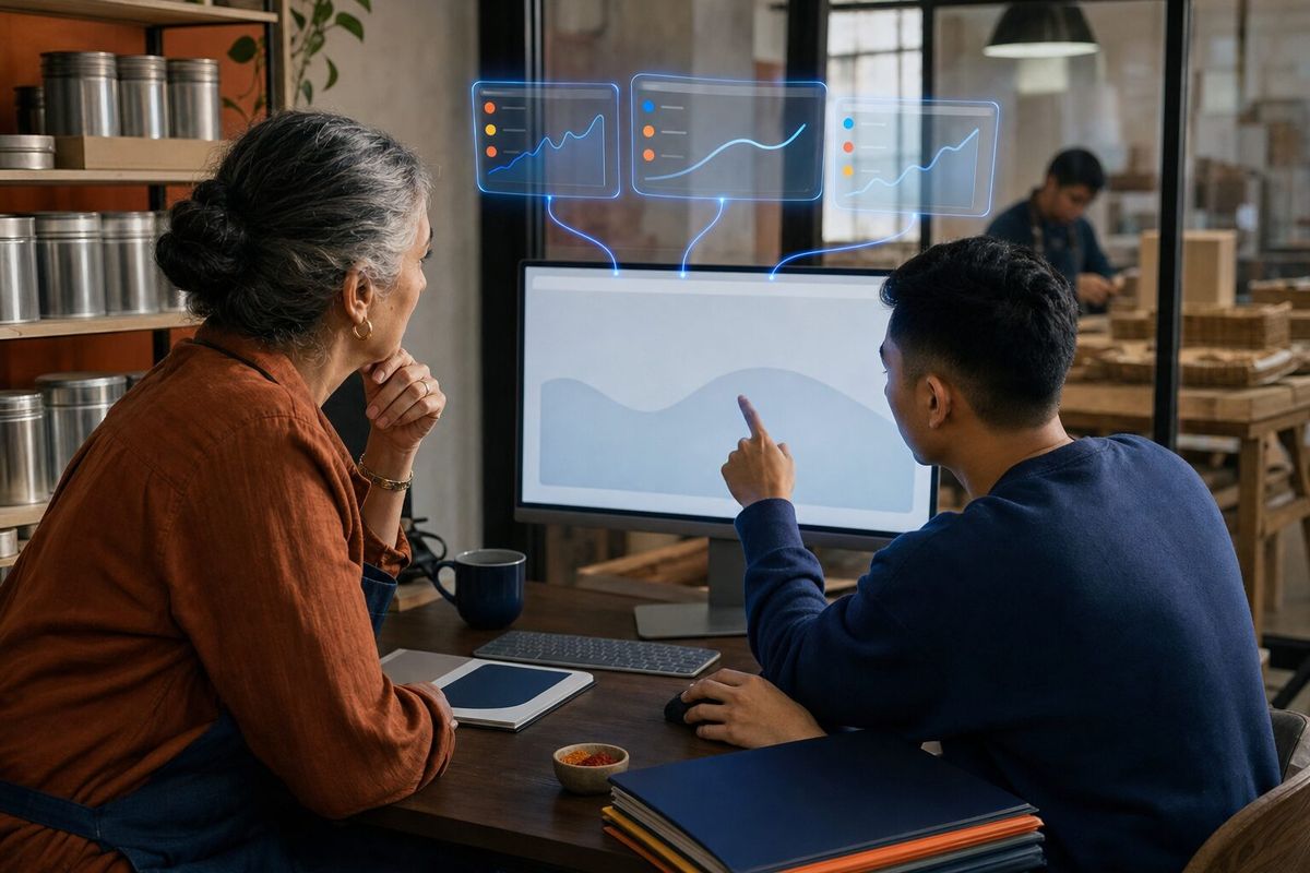 Illustrative photo: the Real User Monitor at work for the owner and website assistant of an online spice shop, laying out results as blue panels above a monitor.