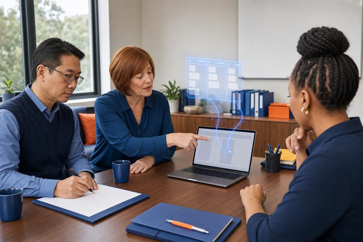 Illustrative photo: the Recruiting Coordinator at work for the owner and hiring coordinators of a regional home-care agency, laying out results as blue panels above a laptop.