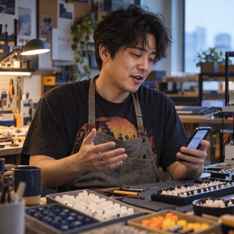 Illustrative photo: the founder of a small mechanical-keyboard maker asks the Reddit Manager for help from their phone.