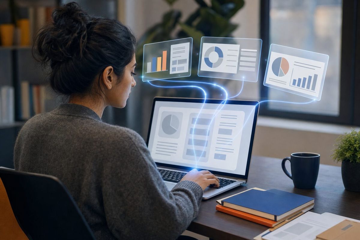 Illustrative photo: the Reporting agent at work for the account manager, laying out results as blue panels above a laptop.