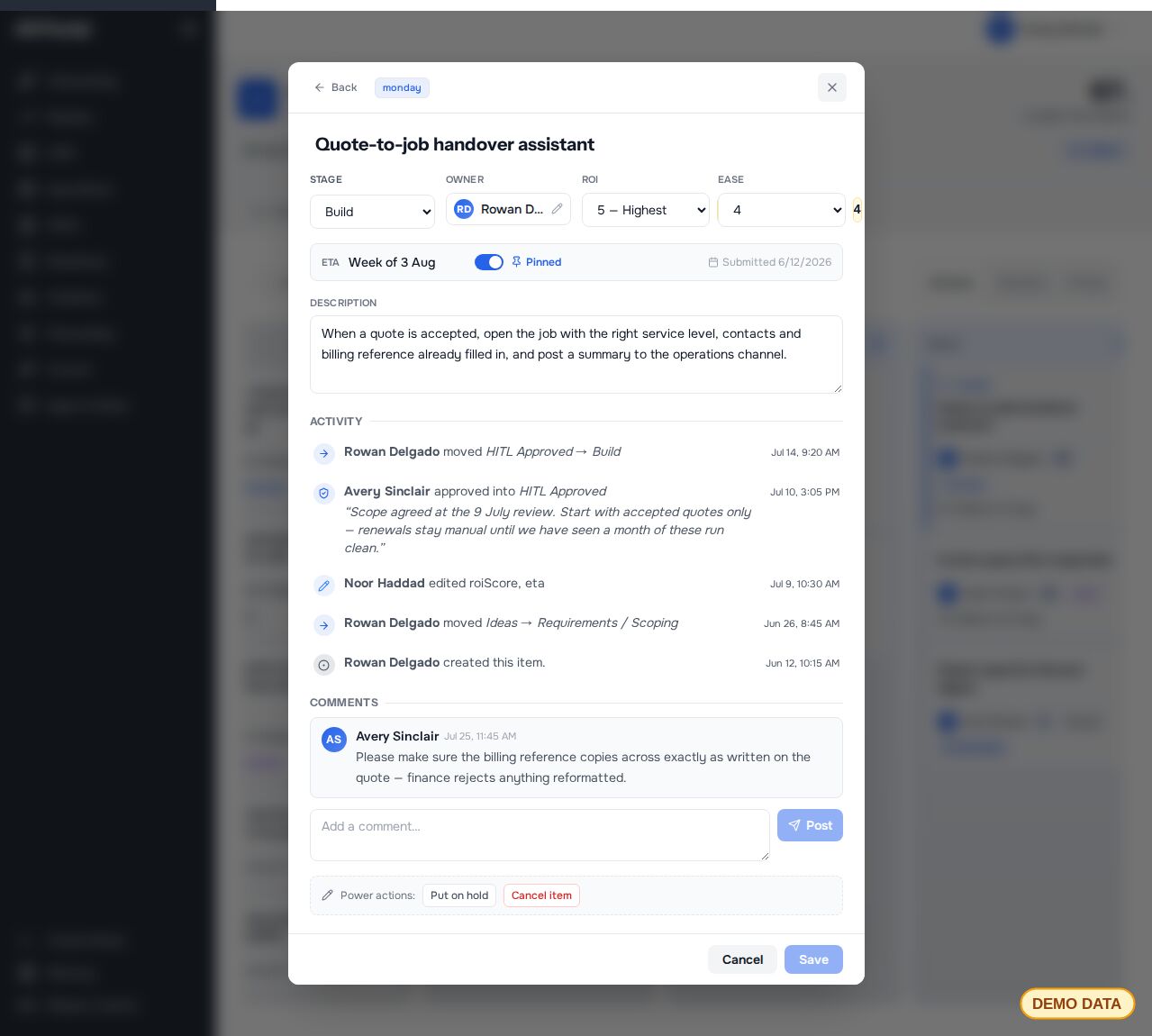 A single request opened from the pipeline, showing its stage, owner, description, activity history and comments (demo data)