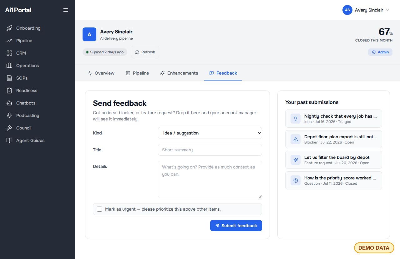 Feedback form for sending an idea, blocker or feature request, with a list of past submissions beside it (demo data)