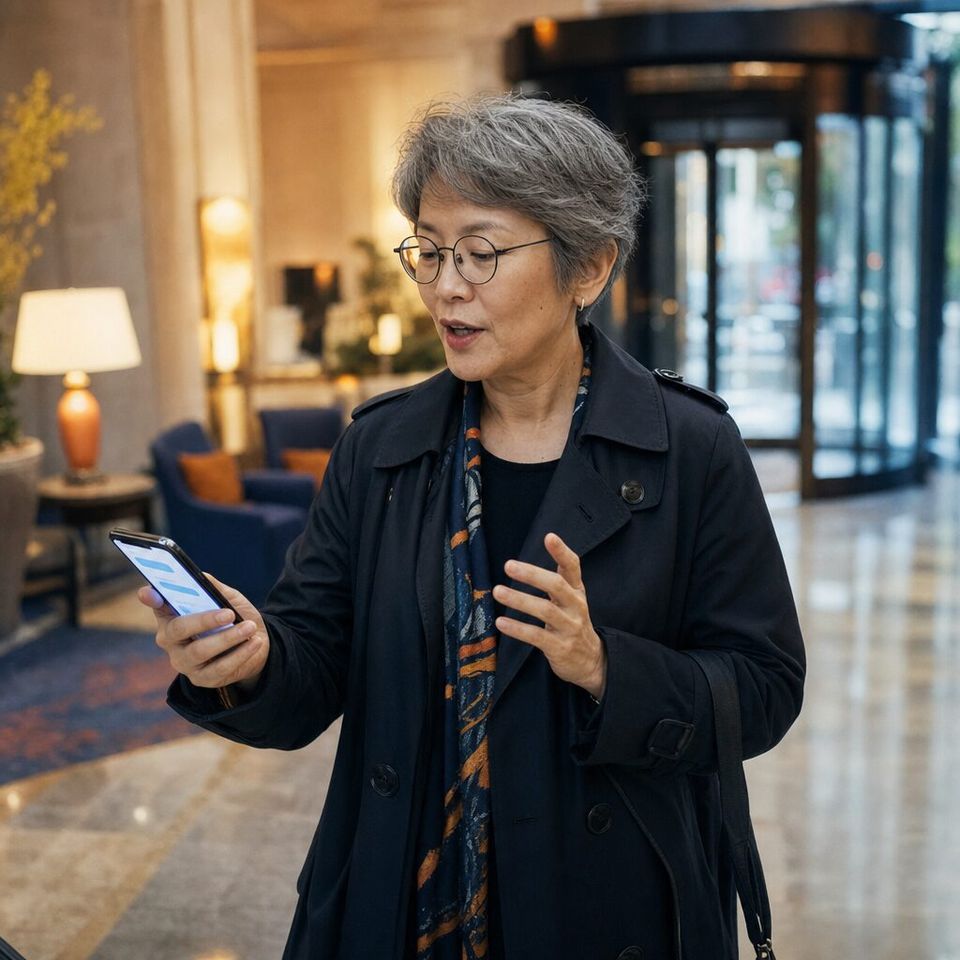 Illustrative photo: an independent management consultant asks the Research agent for help from their phone.