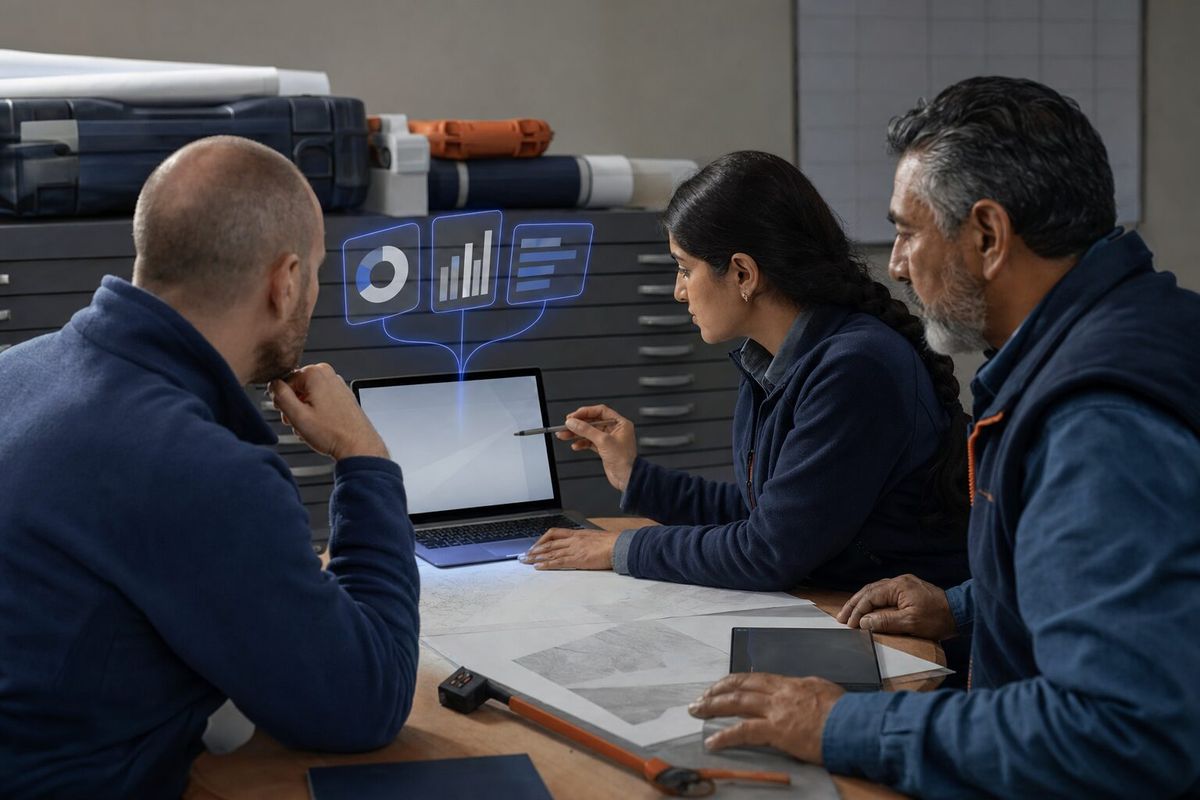 Illustrative photo: the Resourcing Manager at work for the owner and project leads of a small land-surveying firm, laying out results as blue panels above a laptop.