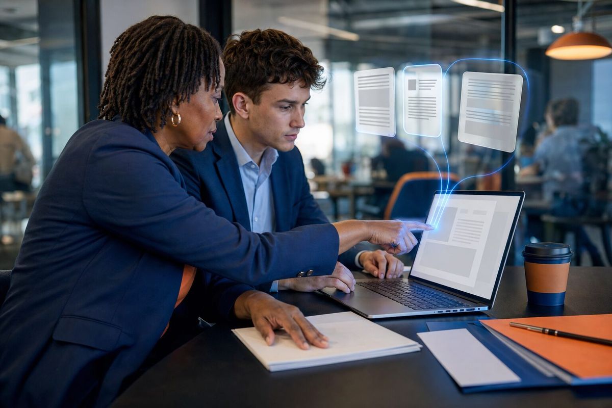 Illustrative photo: the Sales agent at work for the sales team prepping a proposal, laying out results as blue panels above a laptop.