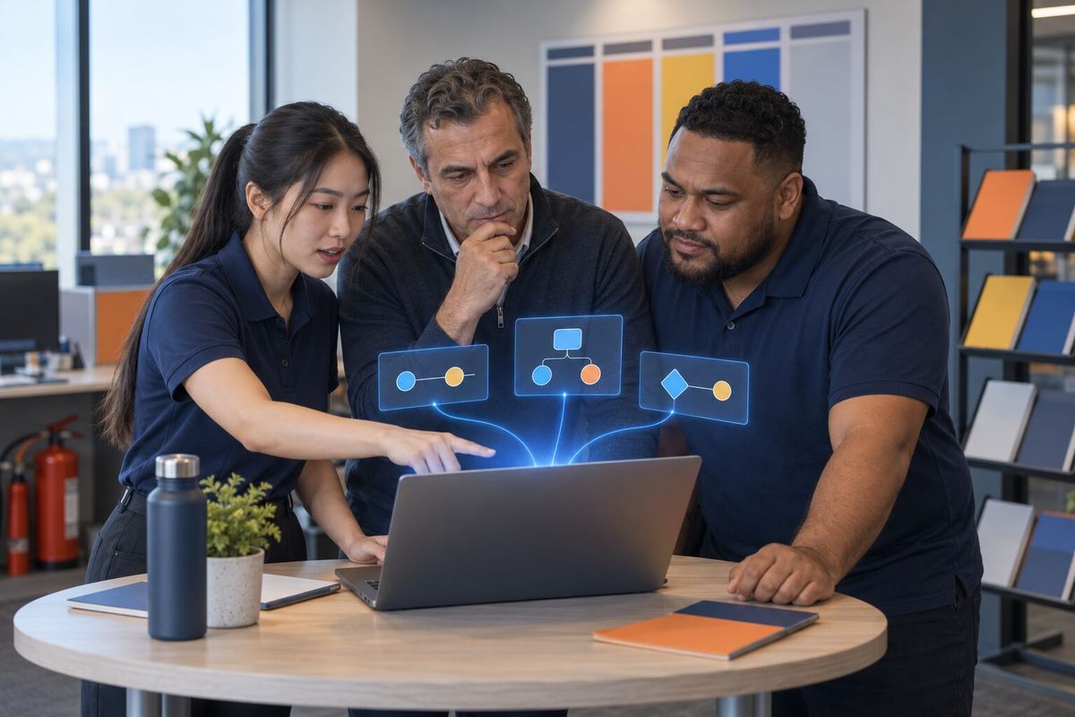 Illustrative photo: the Sales Director at work for the sales group of a fire-safety equipment supplier, laying out results as blue panels above a laptop.