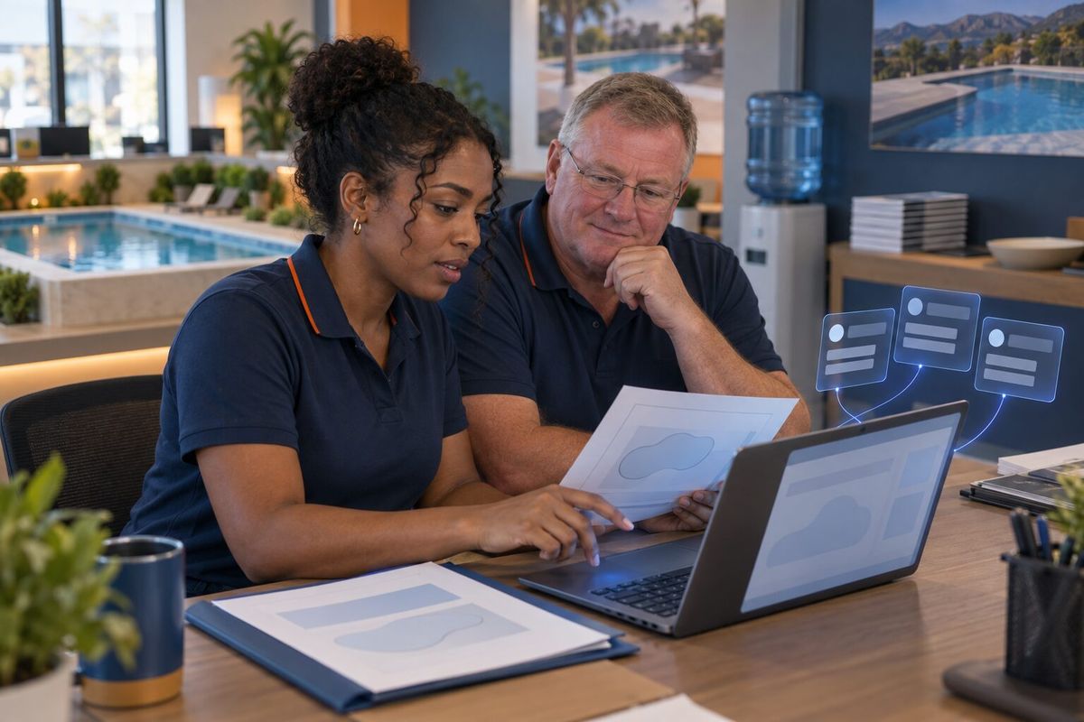 Illustrative photo: the Sales Reply at work for the sales desk of a swimming-pool installation company, laying out results as blue panels above a laptop.