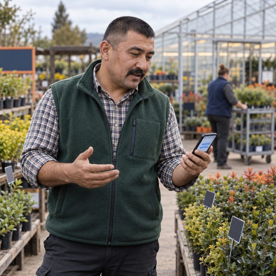 Illustrative photo: the operations lead of a garden centre and plant nursery asks the Jobs Manager for help from their phone.