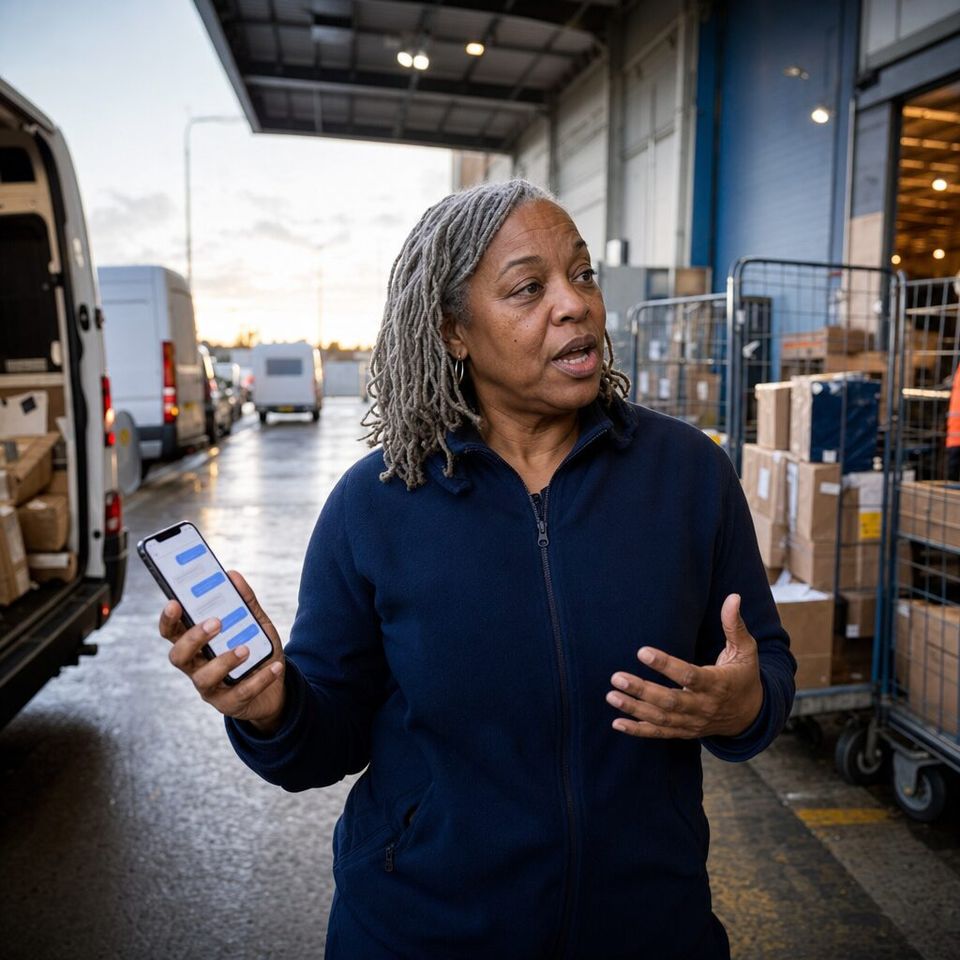 Illustrative photo: the operations director of a courier company asks the Scoping Agent for help from their phone.