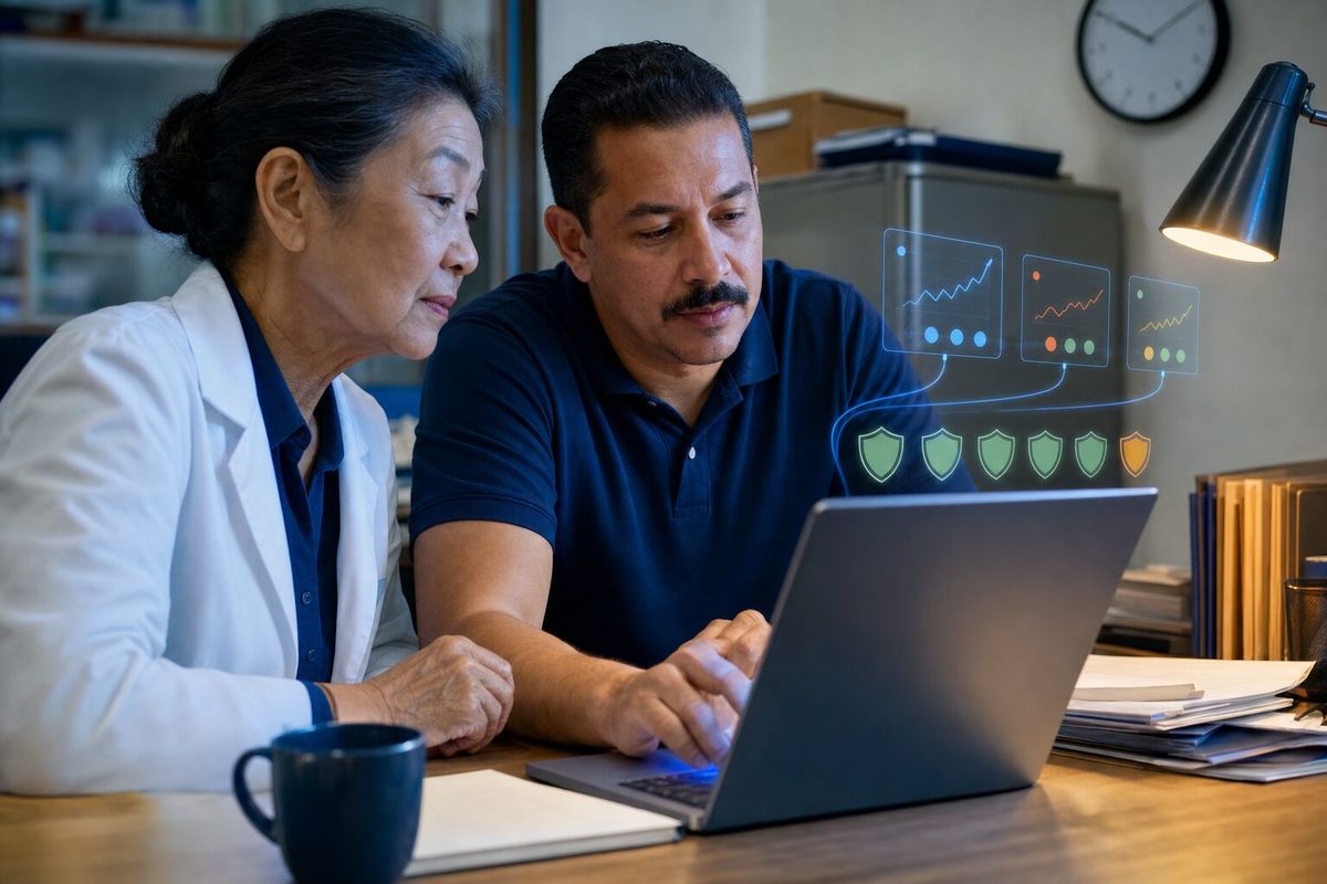 Illustrative photo: the Security v2 at work for the owner and office manager of a family-run pharmacy group, laying out results as blue panels above a laptop.