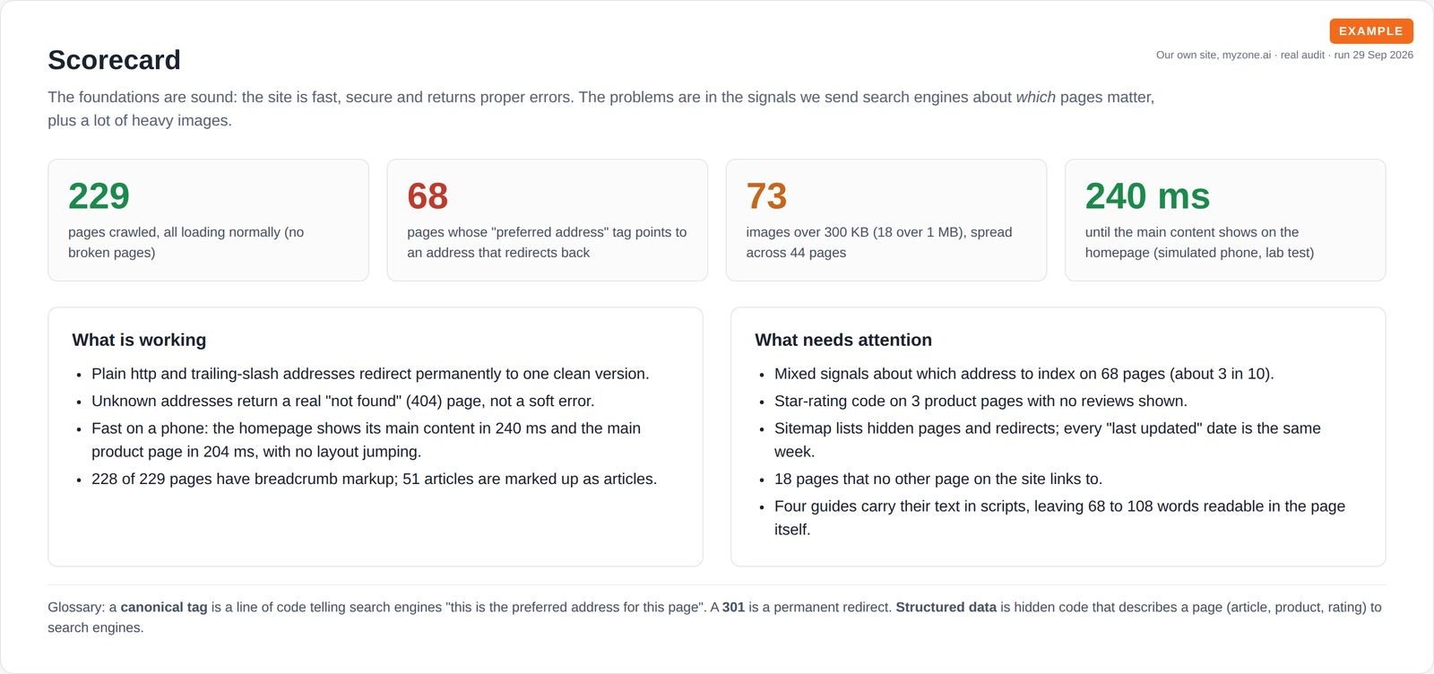 SEO scorecard with four headline numbers and two lists: what is working and what needs attention on the website.