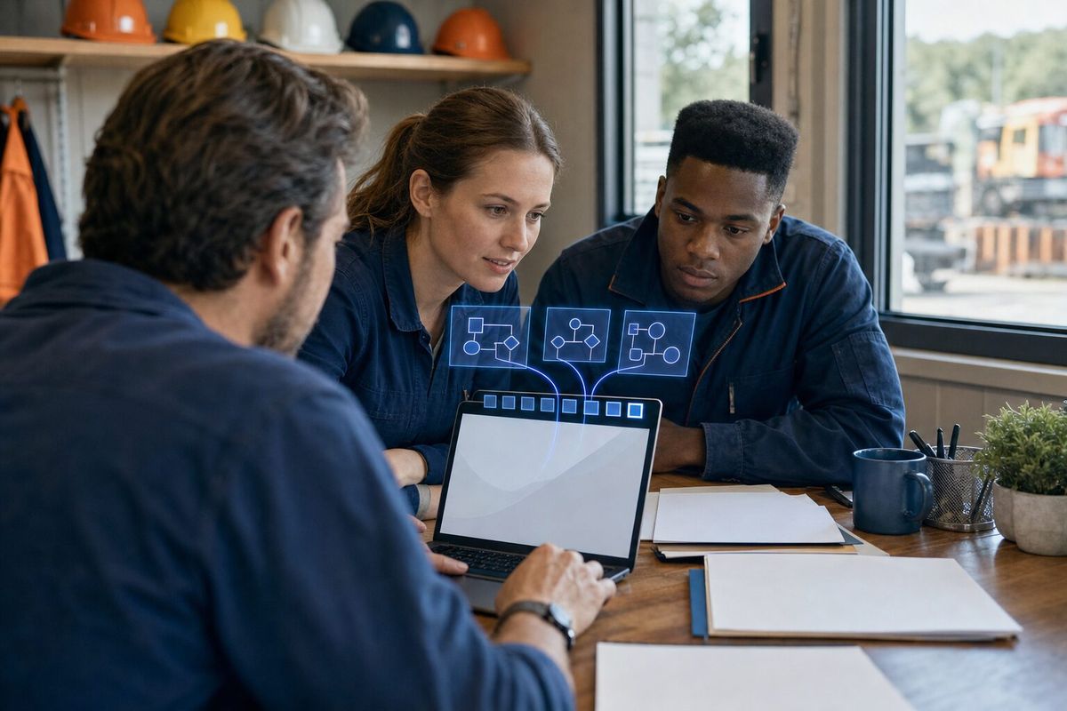 Illustrative photo: the Skill Manager at work for the office team at a landscaping company, laying out results as blue panels above a laptop.
