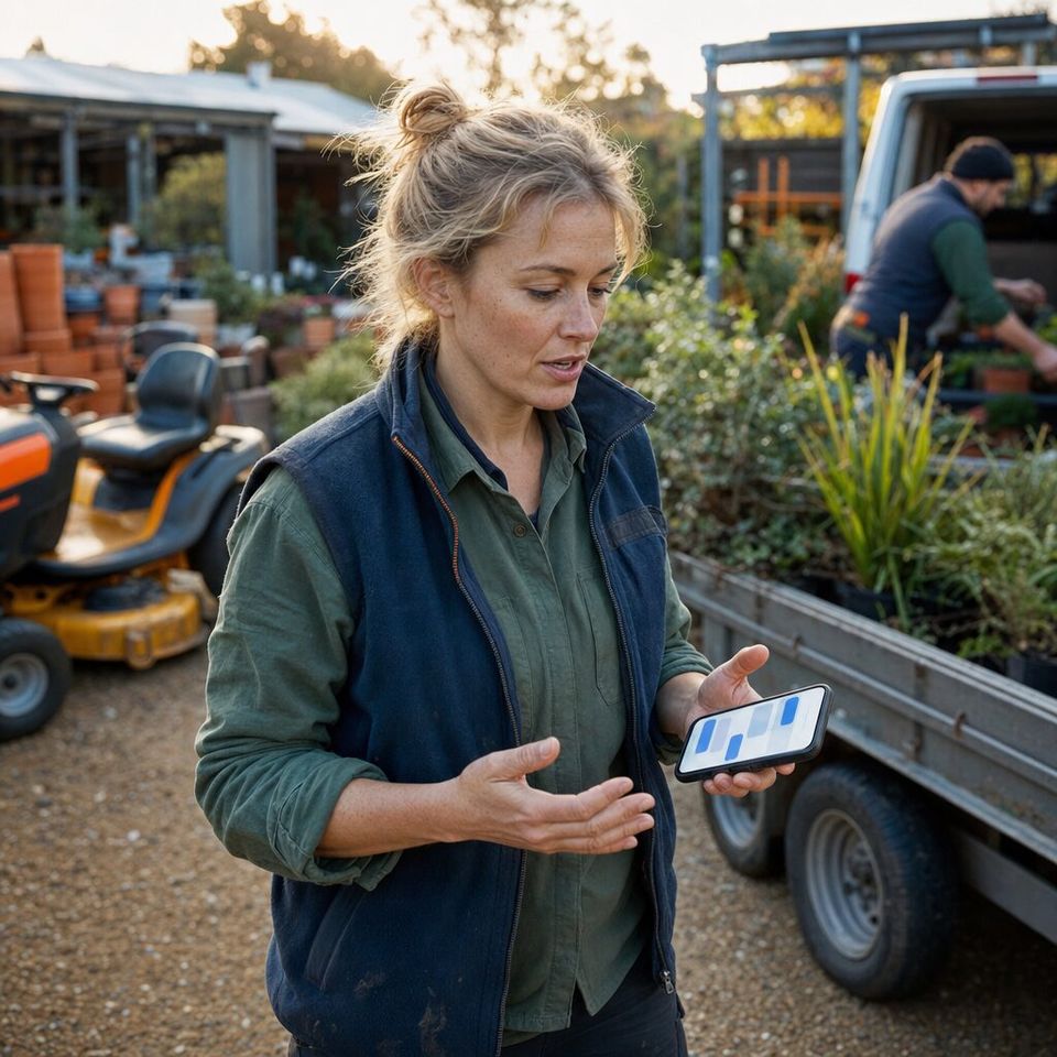Illustrative photo: the operations manager at a landscaping company asks the Skill Manager for help from their phone.