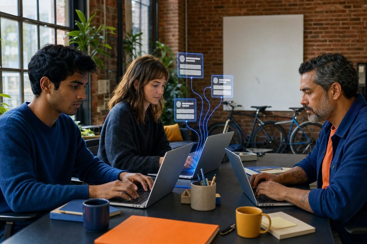 Illustrative photo: the Slack agent at work for the agency team working with their AI agents from their shared channels, laying out results as blue panels above a laptop.