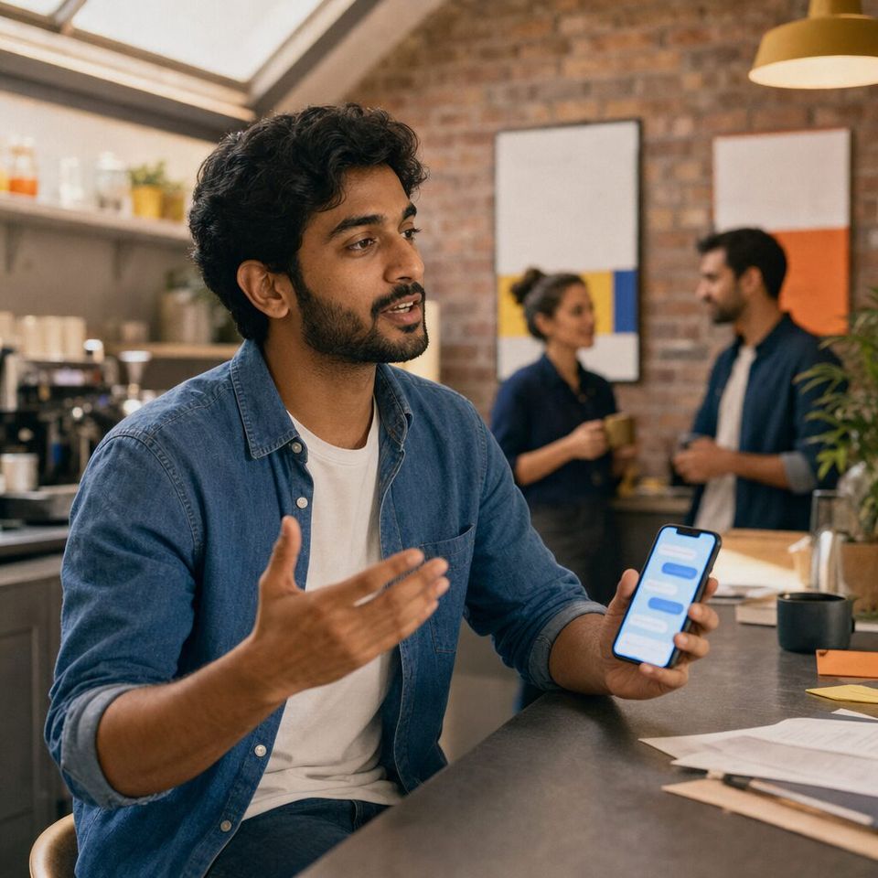 Illustrative photo: the team lead at a 15-person creative agency asks the Slack agent for help from their phone.