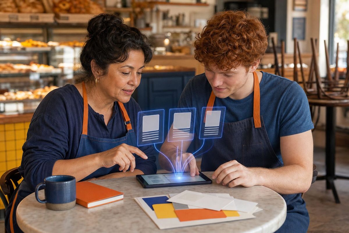 Illustrative photo: the Social Media Lead at work for the bakery owner and assistant planning the month of posts, laying out results as blue panels above a tablet.