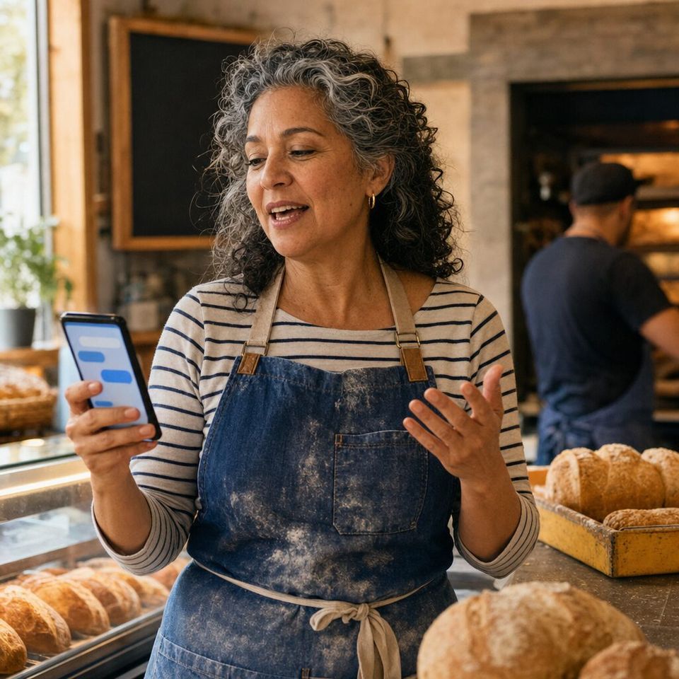 Illustrative photo: the owner of a neighbourhood bakery asks the Social Media Lead for help from their phone.