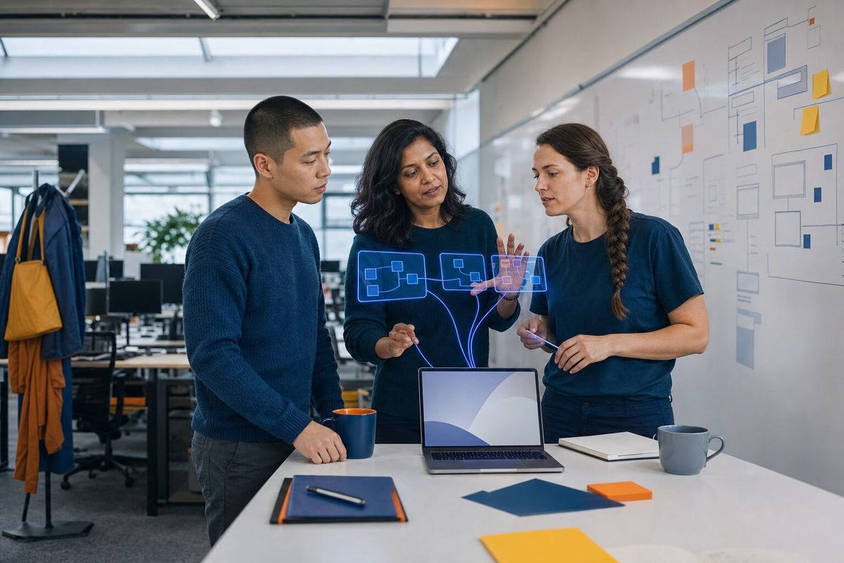 Illustrative photo: the Architect (GPT) at work for the engineering leads of a software company, laying out results as blue panels above a laptop.