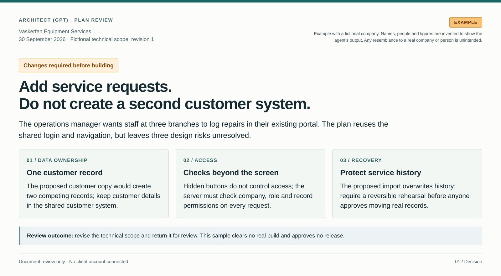 Architecture review summary with three required changes to a fictional service-request plan.