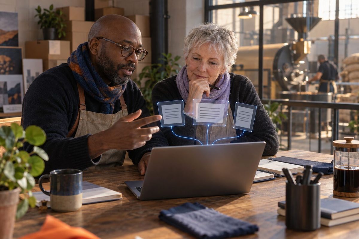 Illustrative photo: the Speechwriter at work for the founder and the events lead of a small coffee roastery, laying out results as blue panels above a laptop.