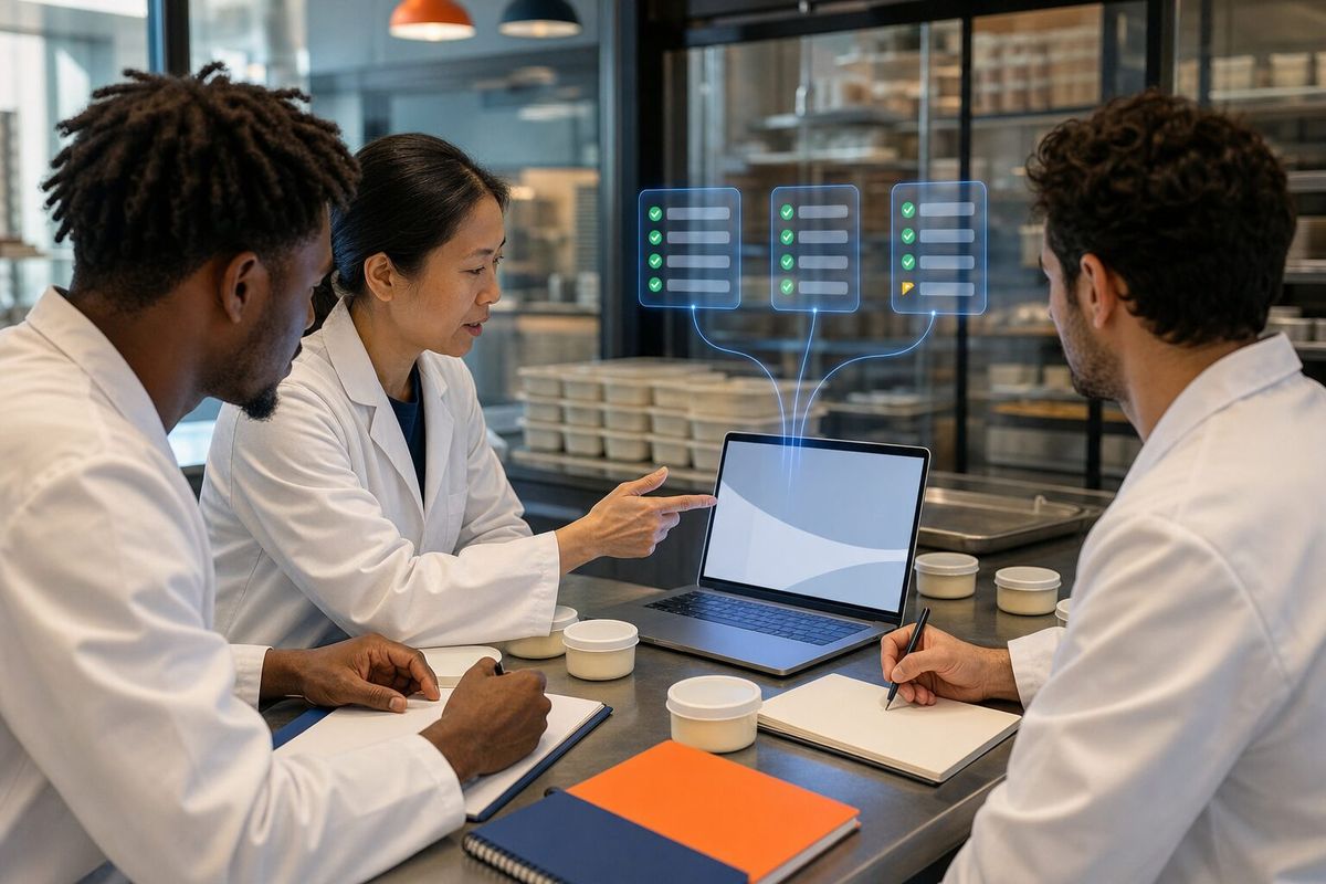 Illustrative photo: the SRED Expert at work for the owner and research team of a small food-technology start-up making plant-based cheese, laying out results as blue panels above a laptop.