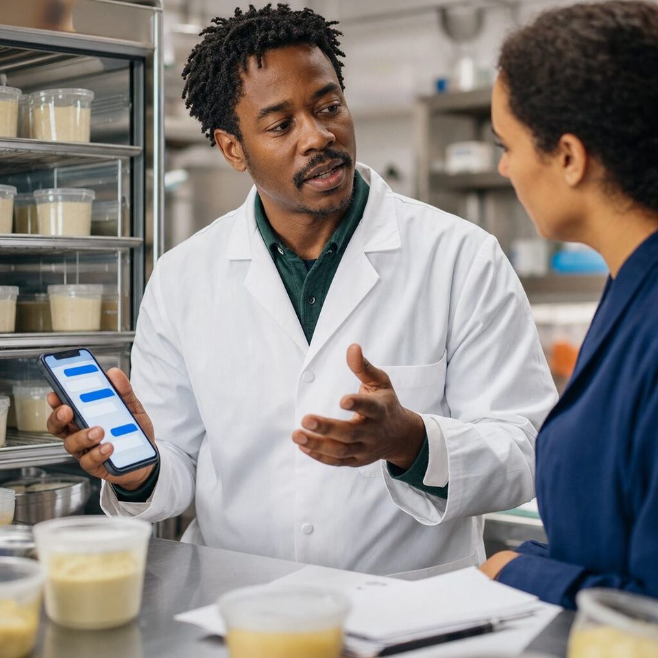 Illustrative photo: the owner of a small food-technology start-up making plant-based cheese asks the SRED Expert for help from their phone.