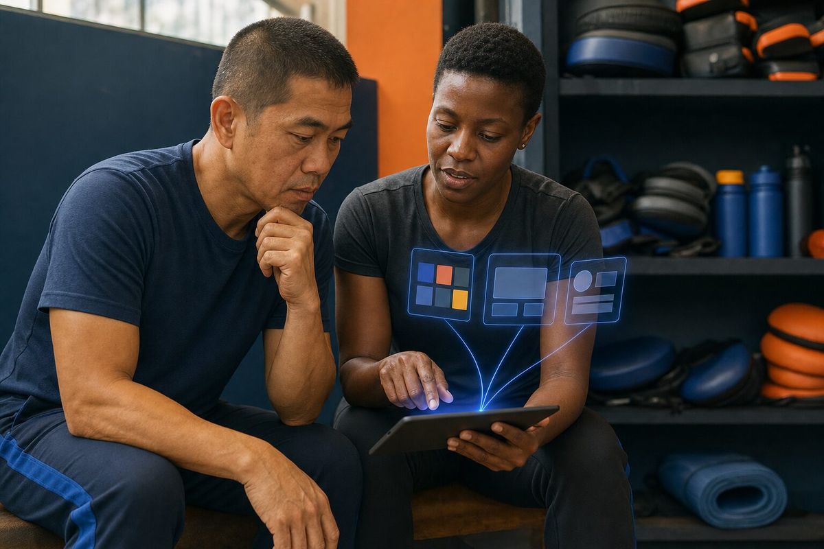 Illustrative photo: the Surveys & Feedback at work for the owner and head coach of a neighbourhood boxing gym, laying out results as blue panels above a tablet.