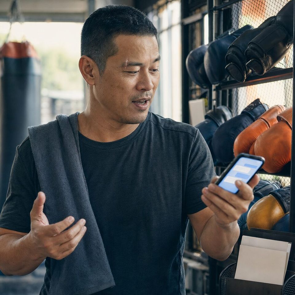 Illustrative photo: the owner of a neighbourhood boxing gym asks the Surveys & Feedback for help from their phone.