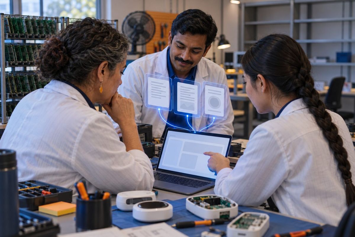 Illustrative photo: the Technical Writer at work for a small company that makes smart-thermostat hardware, laying out results as blue panels above a laptop.