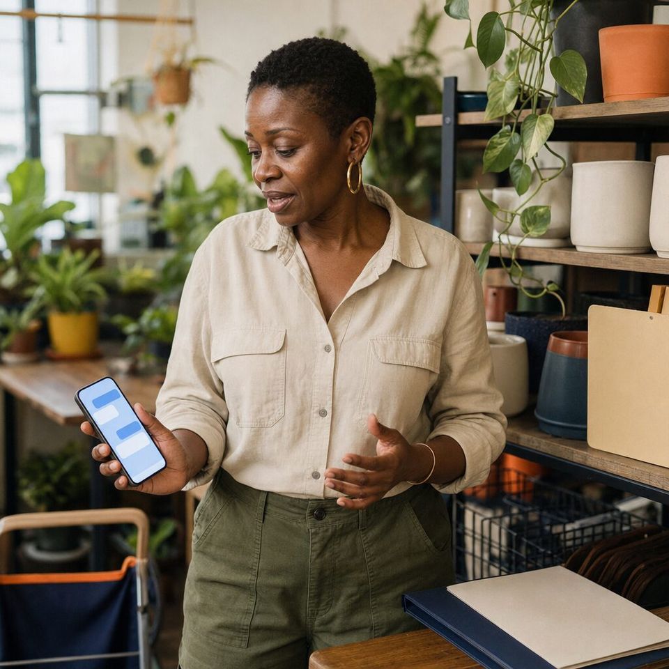 Illustrative photo: the owner of a small indoor-plant rental company asks the Theme Builder for help from their phone.