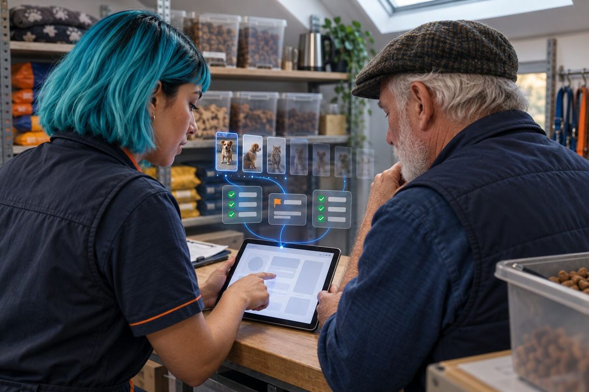 Illustrative photo: the TikTok Ads Manager at work for the owner and the marketing coordinator of a pet-supplies shop, laying out results as blue panels above a tablet.