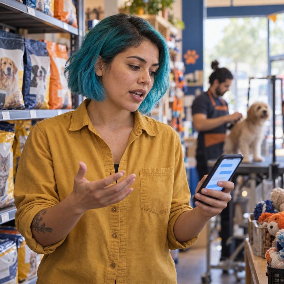 Illustrative photo: the online marketing coordinator of a family-run pet-supplies shop with a web shop asks the TikTok Ads Manager for help from their phone.