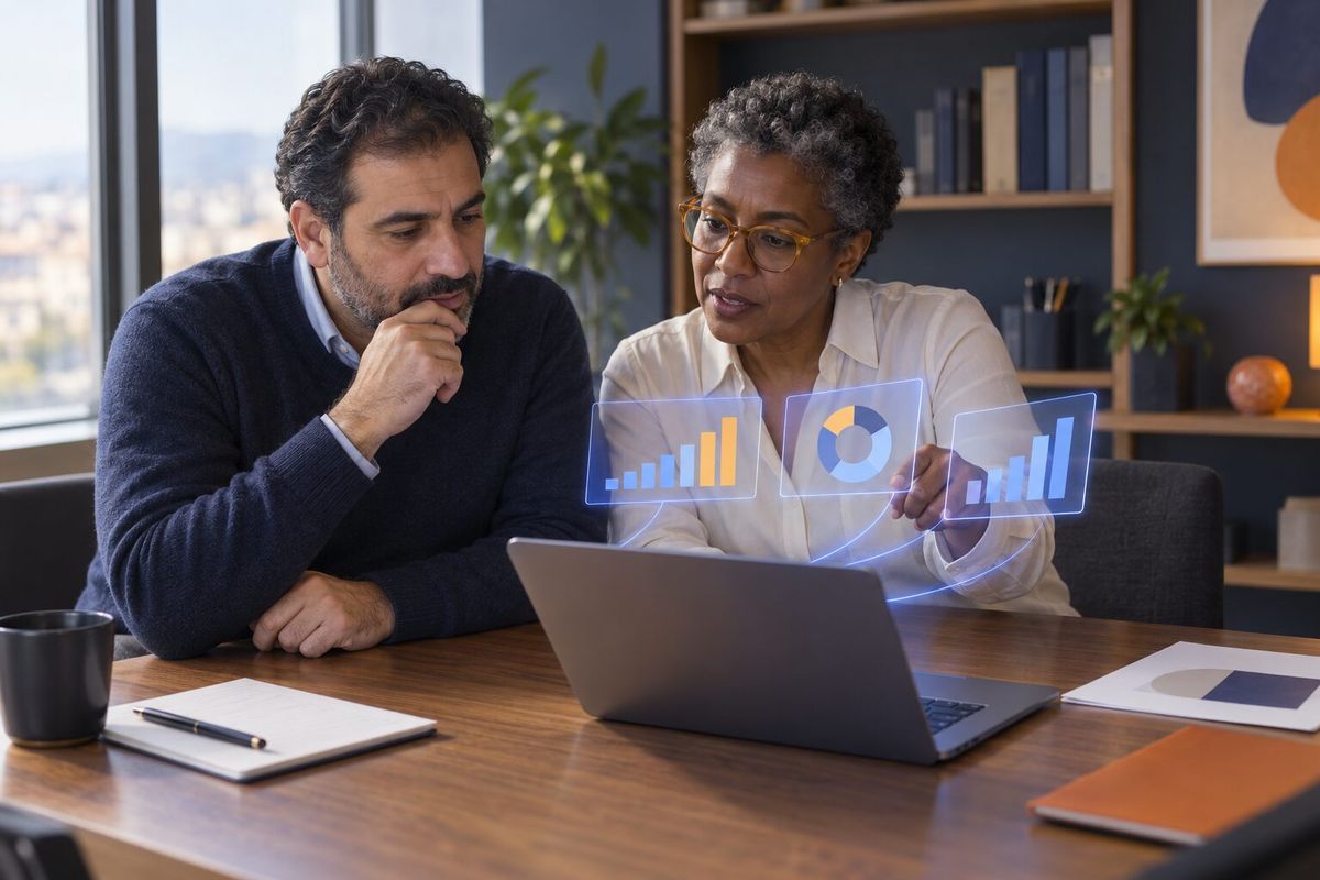 Illustrative photo: the Time & Cost Tracker at work for the account and finance leads of a translation agency, laying out results as blue panels above a laptop.