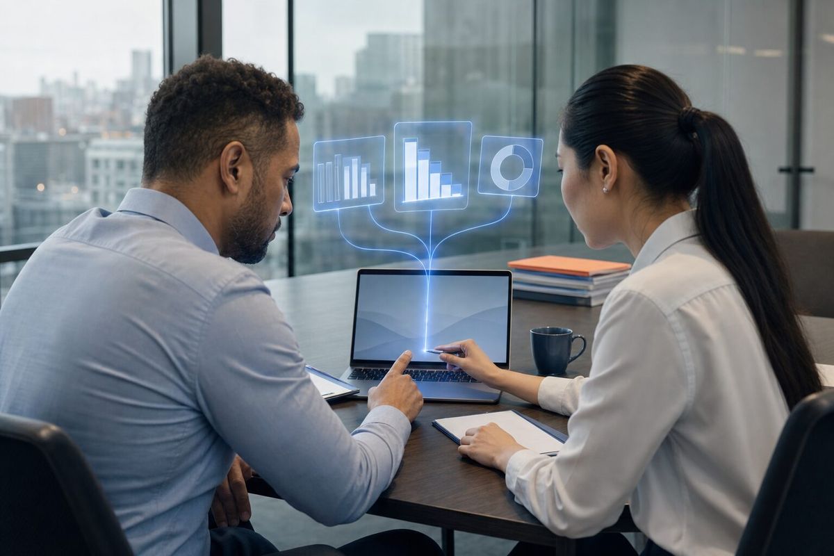 Illustrative photo: the Token Optimization at work for the finance and operations leads at an insurance brokerage, laying out results as blue panels above a laptop.