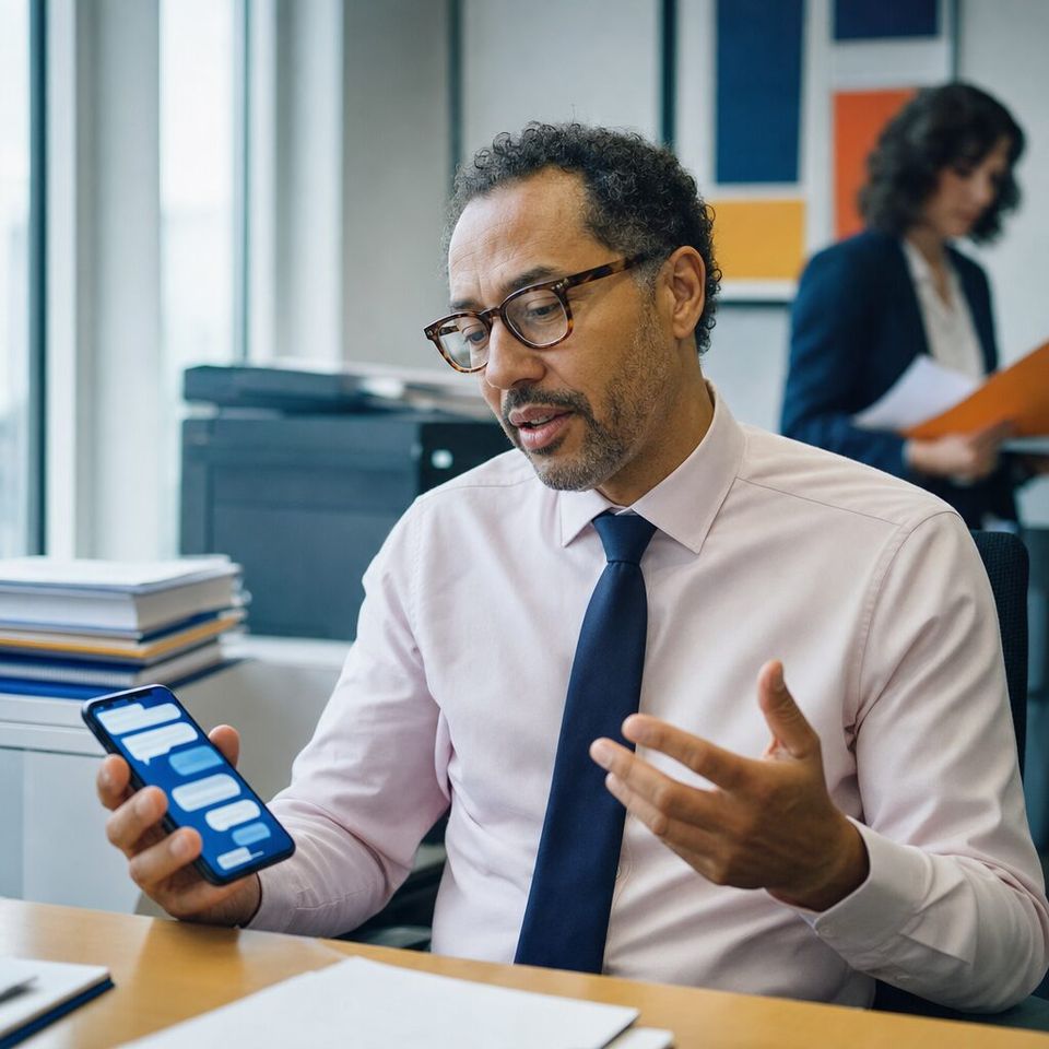 Illustrative photo: the finance director of an insurance brokerage asks the Token Optimization for help from their phone.
