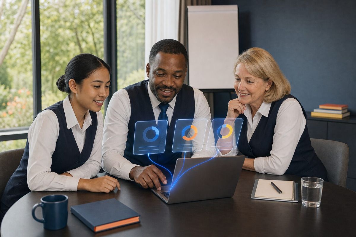 Illustrative photo: the Professor at work for front-of-house staff in a coaching session, laying out results as blue panels above a laptop.