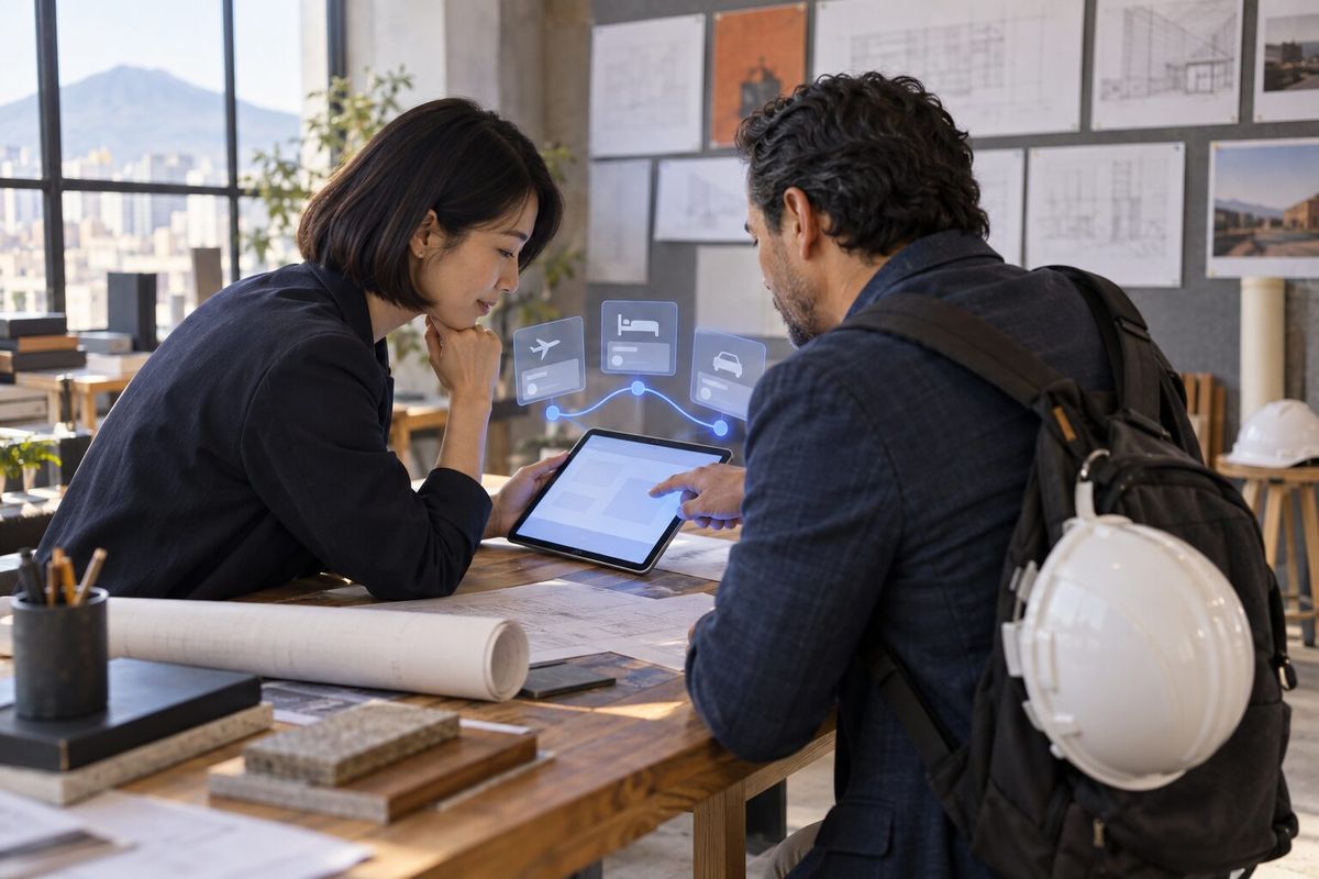 Illustrative photo: the Travel Planner at work for a small architecture practice whose team travels to building sites, laying out results as blue panels above a tablet.