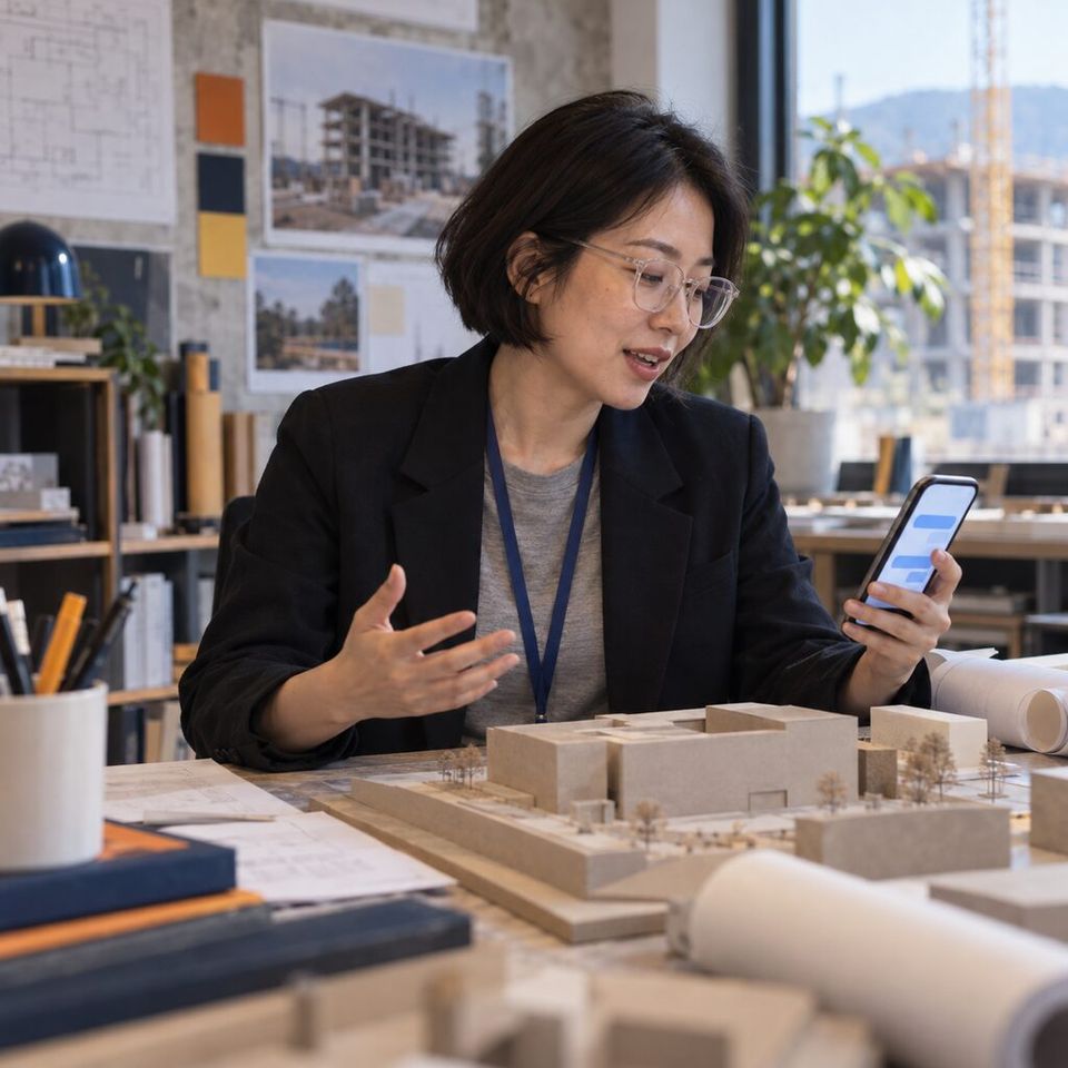 Illustrative photo: the principal of a small architecture practice whose team travels to building sites asks the Travel Planner for help from their phone.