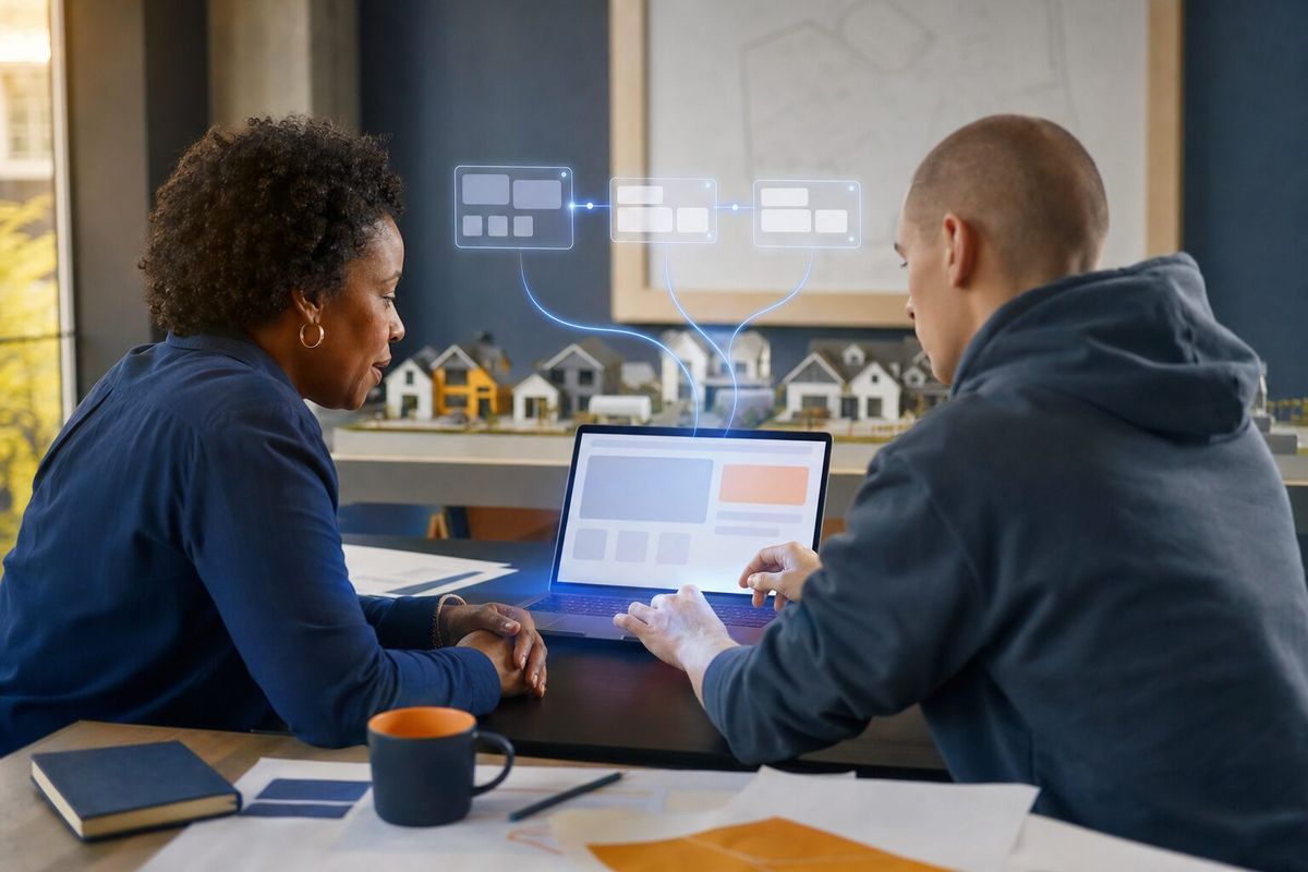 Illustrative photo: the Strategist (Web) at work for the marketing manager and the developer who will build the new site, laying out results as blue panels above a laptop.