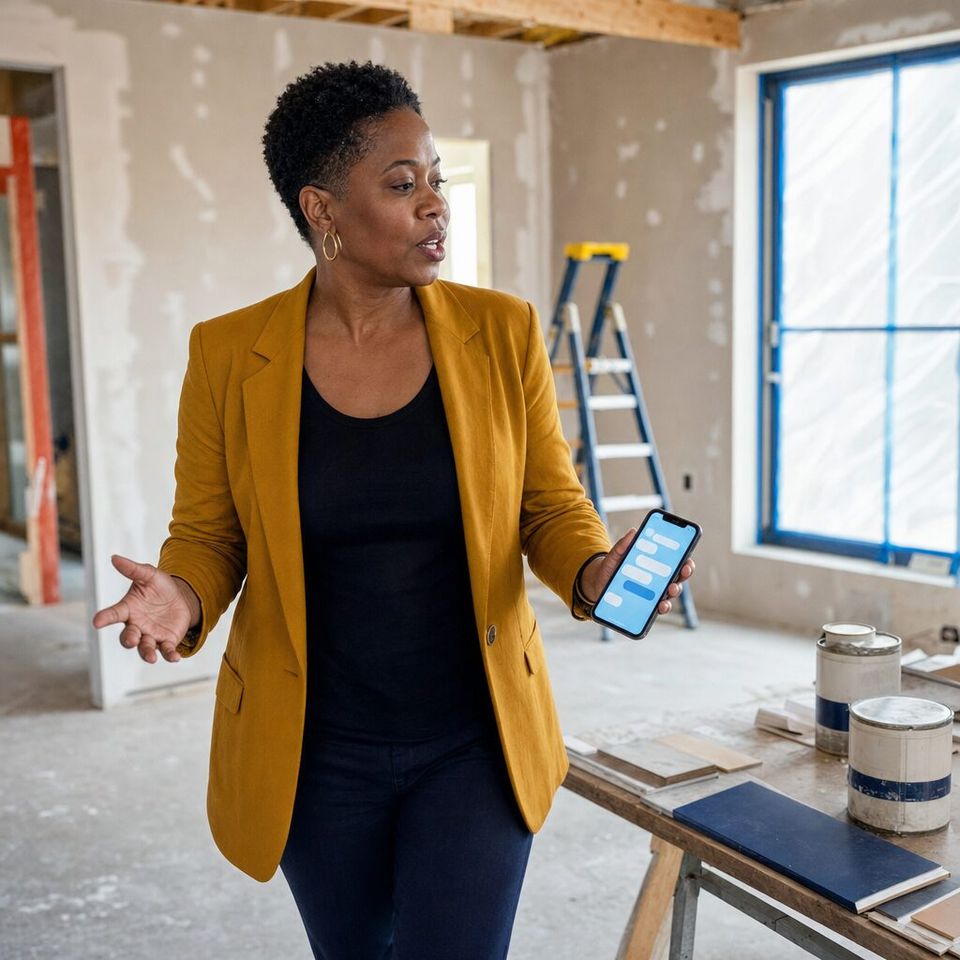 Illustrative photo: the marketing manager of a regional home builder asks the Strategist (Web) for help from their phone.