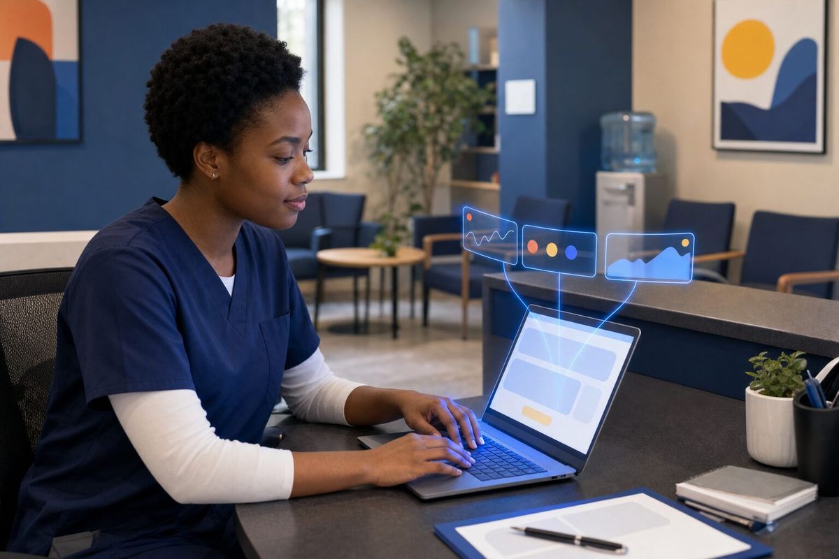 Illustrative photo: the Webmaster Director at work for the clinic receptionist, laying out results as blue panels above a laptop.