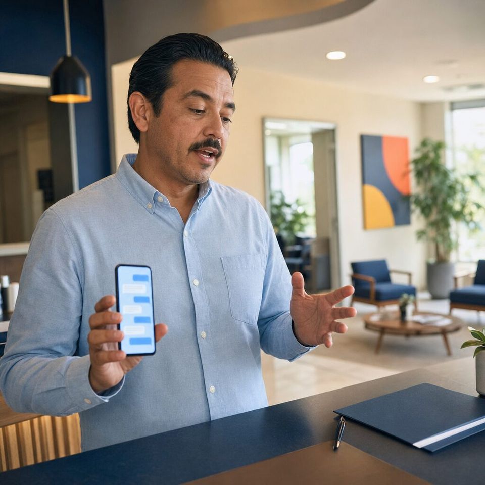 Illustrative photo: the practice manager of a dental clinic asks the Webmaster Director for help from their phone.